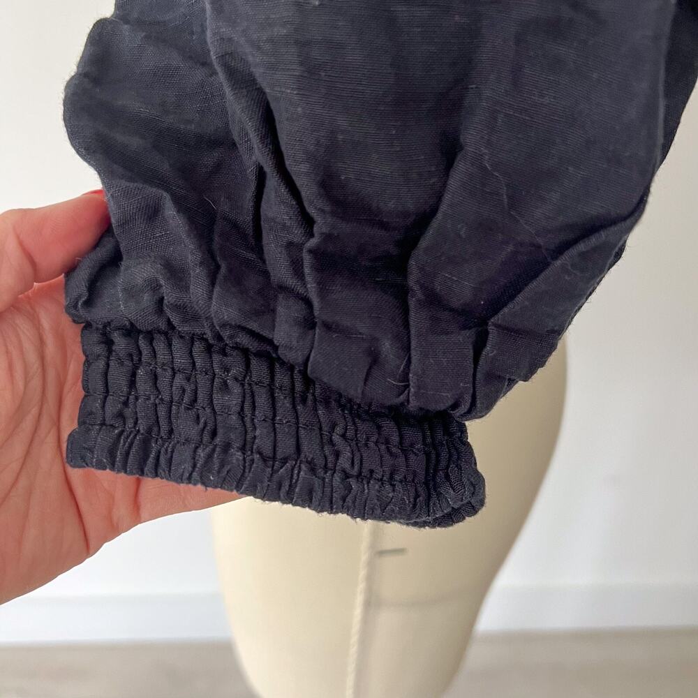 Posse Womens SMALL Black Linen Ivy Blouse Smocked Ruched Cropped Puff Sleeve - Picture 4 of 10